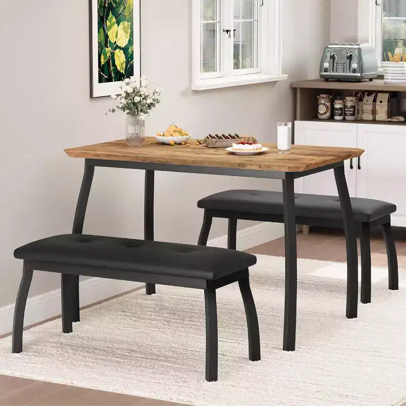 Ensemble de salle à manger 3 pièces, Table de cuisine rectangulaire en bois avec 2 bancs rembourrés, Ensemble de dînette de style ferme peu encombrant