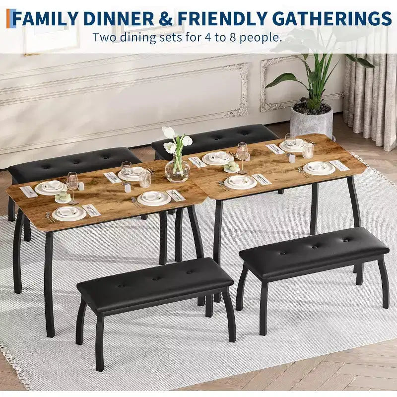 Ensemble de salle à manger 3 pièces, Table de cuisine rectangulaire en bois avec 2 bancs rembourrés, Ensemble de dînette de style ferme peu encombrant