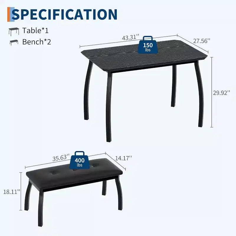 Ensemble de salle à manger 3 pièces, Table de cuisine rectangulaire en bois avec 2 bancs rembourrés, Ensemble de dînette de style ferme peu encombrant