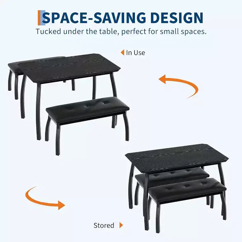 Ensemble de salle à manger 3 pièces, Table de cuisine rectangulaire en bois avec 2 bancs rembourrés, Ensemble de dînette de style ferme peu encombrant