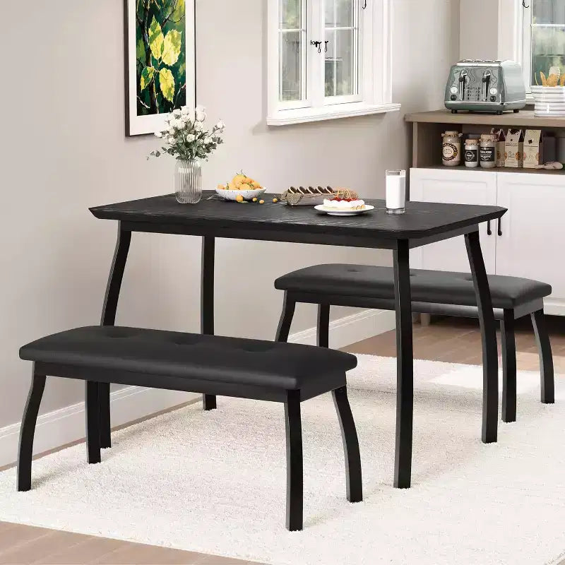 Ensemble de salle à manger 3 pièces, Table de cuisine rectangulaire en bois avec 2 bancs rembourrés, Ensemble de dînette de style ferme peu encombrant