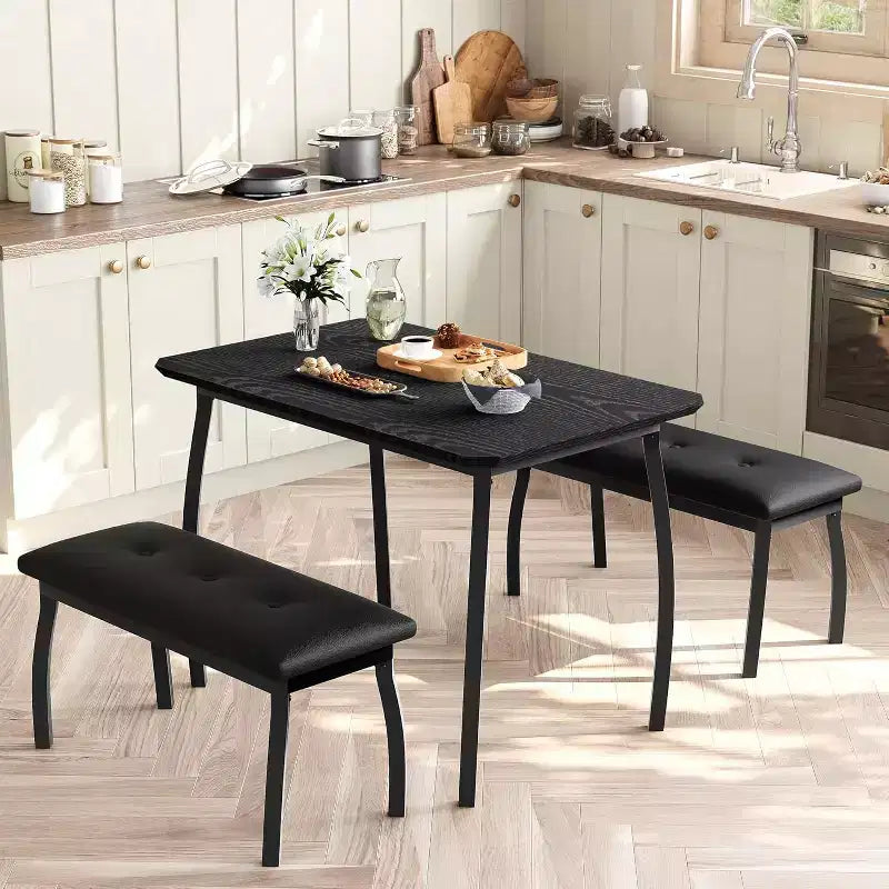 3-Piece Dining Table Set, Rectangular Wooden Kitchen Table with 2 Upholstered Benches, Space-Saving Farmhouse Dinette Set