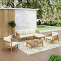 Christopher Knight Home Ignis Boho 5 Piece Patio Acacia Wood Faux Rattan Chat Set with Cushions and Slatted Coffee Table