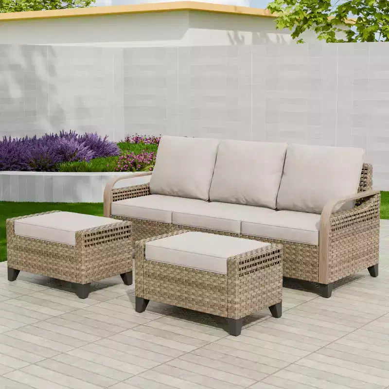 EAGLE PEAK Salon de Jardin en Rotin d'Extérieur, Canapé de Patio en Osier, Canapé 3 Places en Rotin PE avec Ottoman