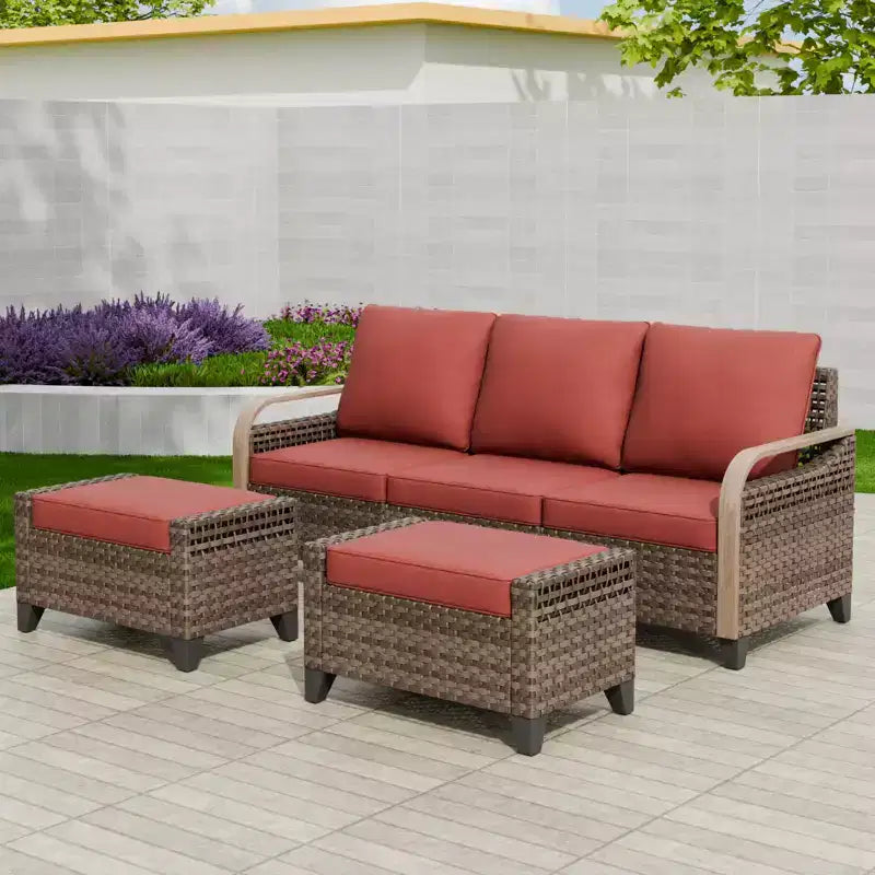 EAGLE PEAK Salon de Jardin en Rotin d'Extérieur, Canapé de Patio en Osier, Canapé 3 Places en Rotin PE avec Ottoman