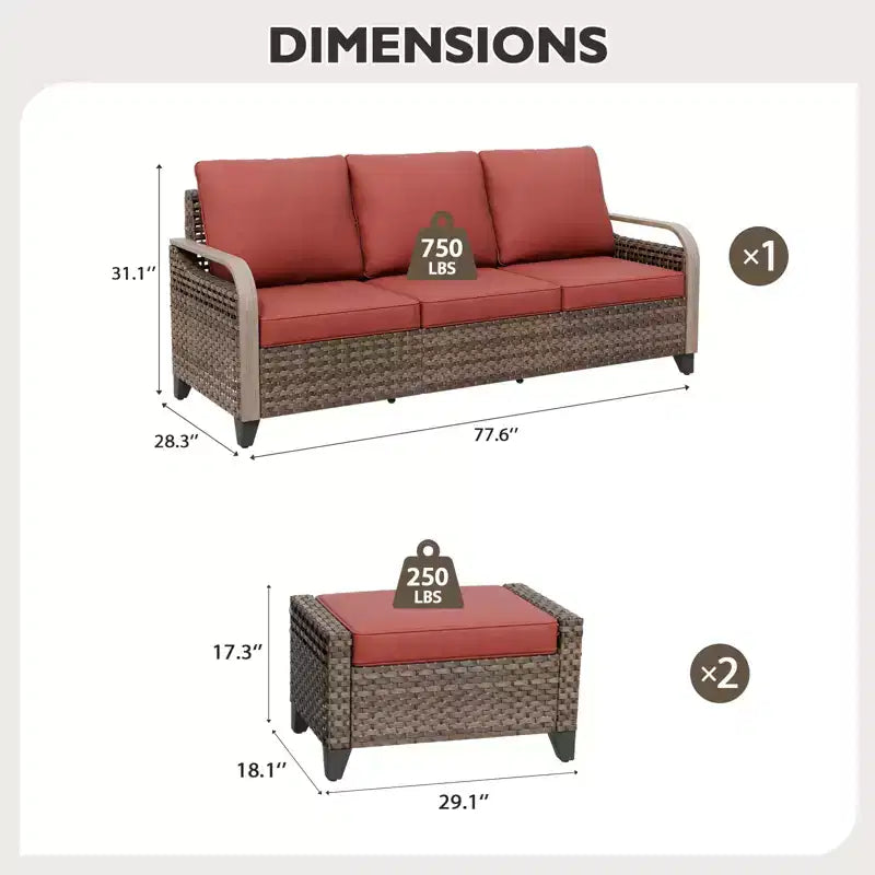 EAGLE PEAK Salon de Jardin en Rotin d'Extérieur, Canapé de Patio en Osier, Canapé 3 Places en Rotin PE avec Ottoman