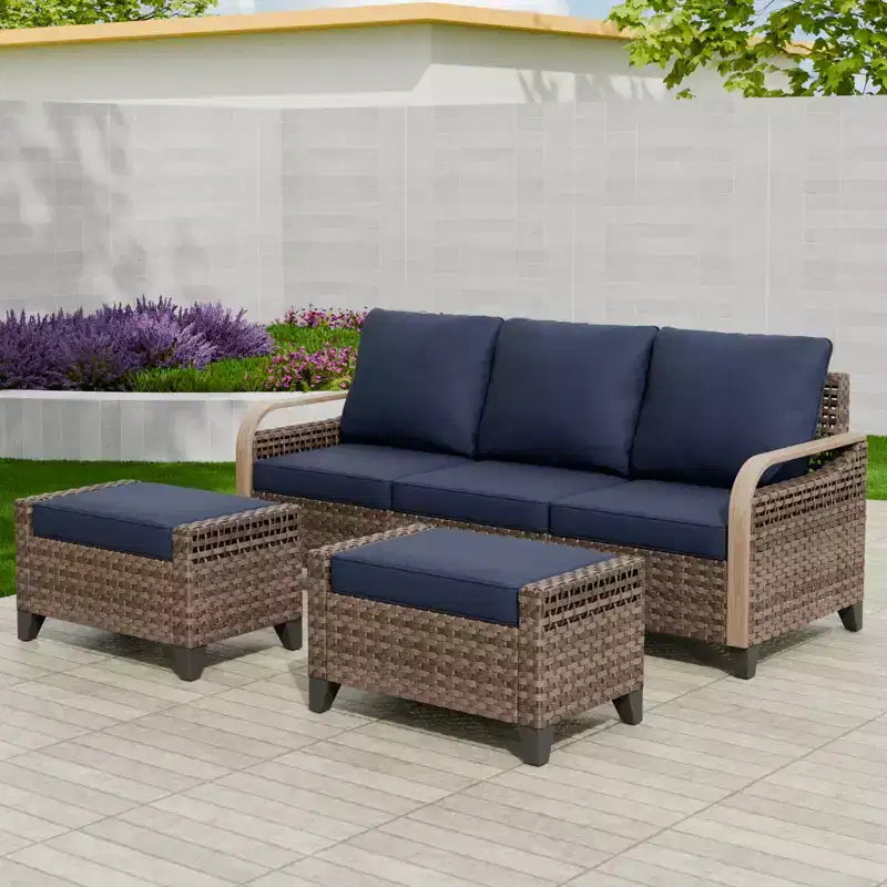 EAGLE PEAK Salon de Jardin en Rotin d'Extérieur, Canapé de Patio en Osier, Canapé 3 Places en Rotin PE avec Ottoman