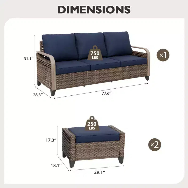 EAGLE PEAK Salon de Jardin en Rotin d'Extérieur, Canapé de Patio en Osier, Canapé 3 Places en Rotin PE avec Ottoman