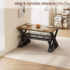 Dining Table Set for 4, Industrial Kitchen Table with 2 PU Padded Benches, Mid-Century Modern Wooden Dining Room Table