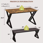 Ensemble table à manger pour 4, Table de cuisine industrielle avec 2 bancs rembourrés en PU, Table de salle à manger en bois moderne de style Mid-century