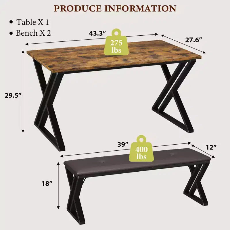 Ensemble table à manger pour 4, Table de cuisine industrielle avec 2 bancs rembourrés en PU, Table de salle à manger en bois moderne de style Mid-century