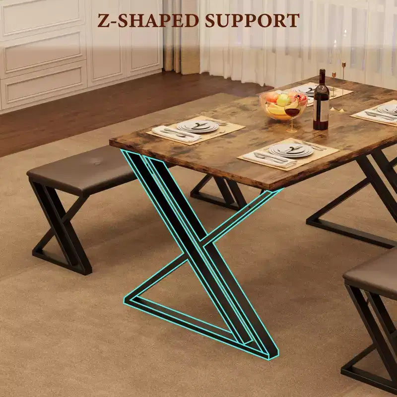 Ensemble table à manger pour 4, Table de cuisine industrielle avec 2 bancs rembourrés en PU, Table de salle à manger en bois moderne de style Mid-century