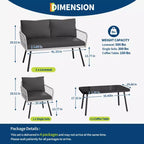 Ensemble de canapé en osier à cadre en fer 4 pièces - 2 fauteuils individuels, 1 canapé double, 1 table basse, motif tressé en diamant, mobilier de jardin moderne