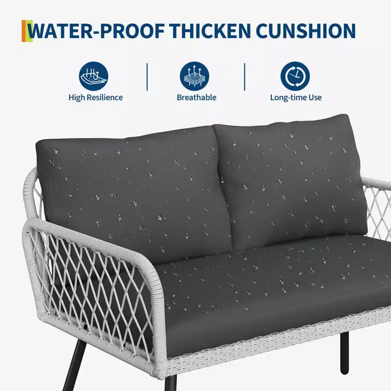 Ensemble de canapé en osier à cadre en fer 4 pièces - 2 fauteuils individuels, 1 canapé double, 1 table basse, motif tressé en diamant, mobilier de jardin moderne