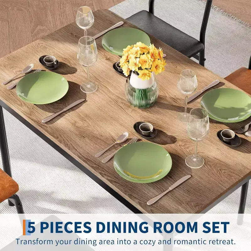 Ensemble table de salle à manger 5 pièces en bois, 4 chaises rembourrées en PU, ensemble de dînette à cadre métallique industriel pour salle à manger, dîner à la maison, marron