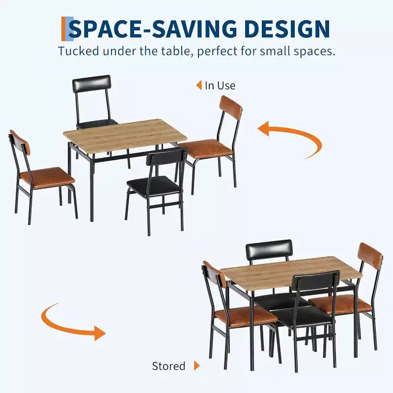 Ensemble table de salle à manger 5 pièces en bois, 4 chaises rembourrées en PU, ensemble de dînette à cadre métallique industriel pour salle à manger, dîner à la maison, marron