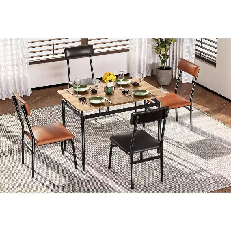 Ensemble table de salle à manger 5 pièces en bois, 4 chaises rembourrées en PU, ensemble de dînette à cadre métallique industriel pour salle à manger, dîner à la maison, marron
