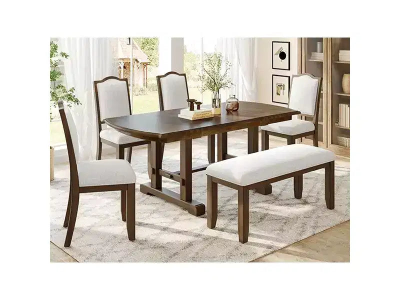 Ensemble de salle à manger extensible de style ferme pour 6 personnes, ensemble de table de cuisine extensible en bois de 7 pièces avec 6 chaises rembourrées