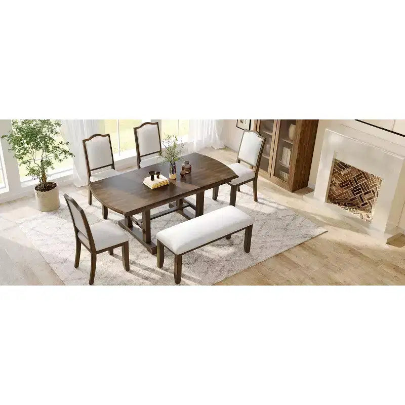 Ensemble de salle à manger extensible de style ferme pour 6 personnes, ensemble de table de cuisine extensible en bois de 7 pièces avec 6 chaises rembourrées