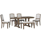 Ensemble de salle à manger extensible de style ferme pour 6 personnes, ensemble de table de cuisine extensible en bois de 7 pièces avec 6 chaises rembourrées