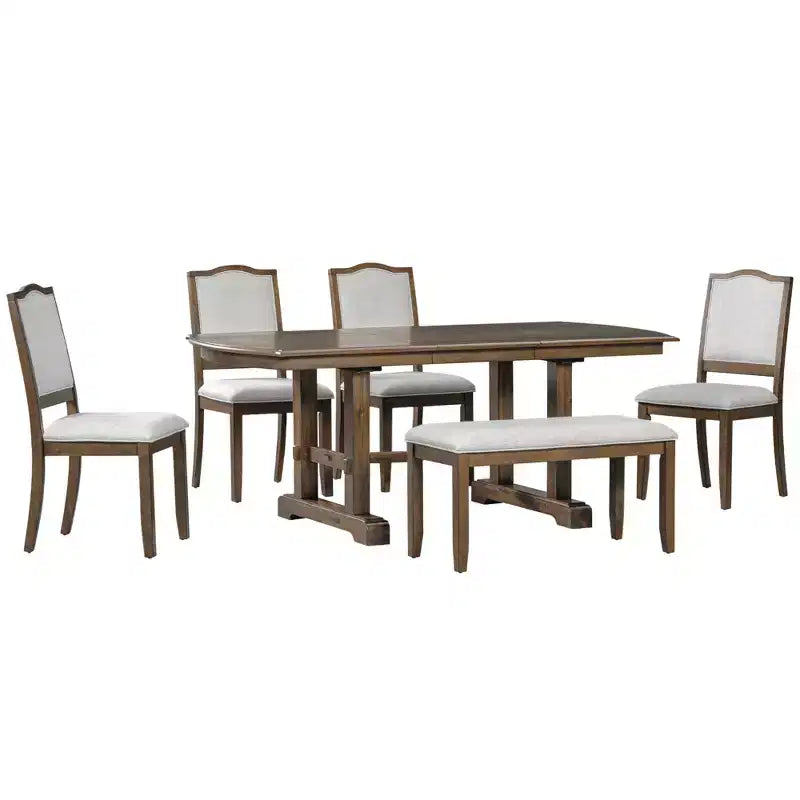 Ensemble de salle à manger extensible de style ferme pour 6 personnes, ensemble de table de cuisine extensible en bois de 7 pièces avec 6 chaises rembourrées