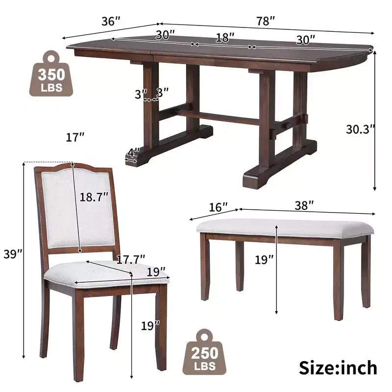 Ensemble de salle à manger extensible de style ferme pour 6 personnes, ensemble de table de cuisine extensible en bois de 7 pièces avec 6 chaises rembourrées