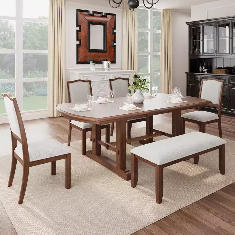 Ensemble de salle à manger extensible de style ferme pour 6 personnes, ensemble de table de cuisine extensible en bois de 7 pièces avec 6 chaises rembourrées