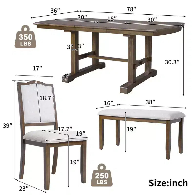 Ensemble de salle à manger extensible de style ferme pour 6 personnes, ensemble de table de cuisine extensible en bois de 7 pièces avec 6 chaises rembourrées