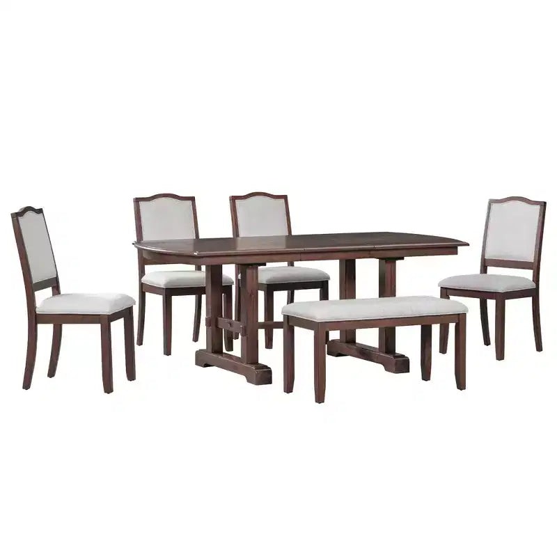Ensemble de salle à manger extensible de style ferme pour 6 personnes, ensemble de table de cuisine extensible en bois de 7 pièces avec 6 chaises rembourrées