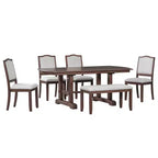 Ensemble de salle à manger extensible de style ferme pour 6 personnes, ensemble de table de cuisine extensible en bois de 7 pièces avec 6 chaises rembourrées