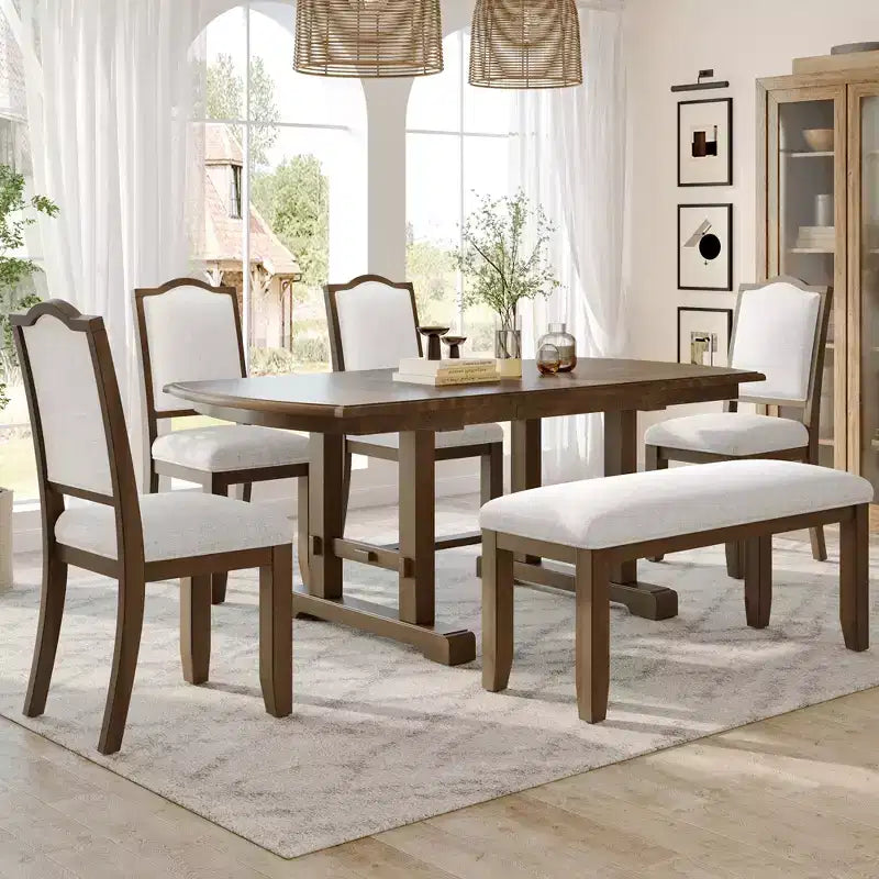 Ensemble de salle à manger extensible de style ferme pour 6 personnes, ensemble de table de cuisine extensible en bois de 7 pièces avec 6 chaises rembourrées