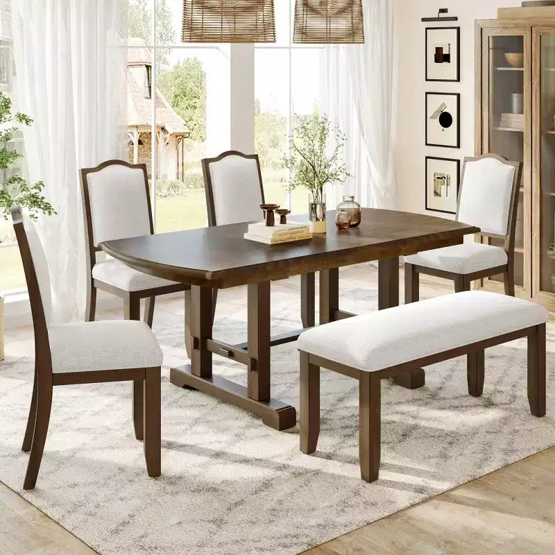 Ensemble de salle à manger extensible de style ferme pour 6 personnes, ensemble de table de cuisine extensible en bois de 7 pièces avec 6 chaises rembourrées