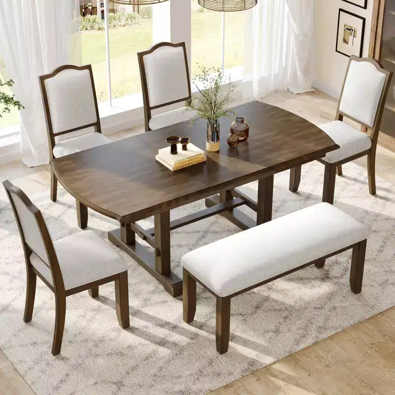 Farmhouse Extendable Dining Table Set for 6, 7 Pieces Wood Expanding Kitchen Table Set with 6 Upholstered Chairs