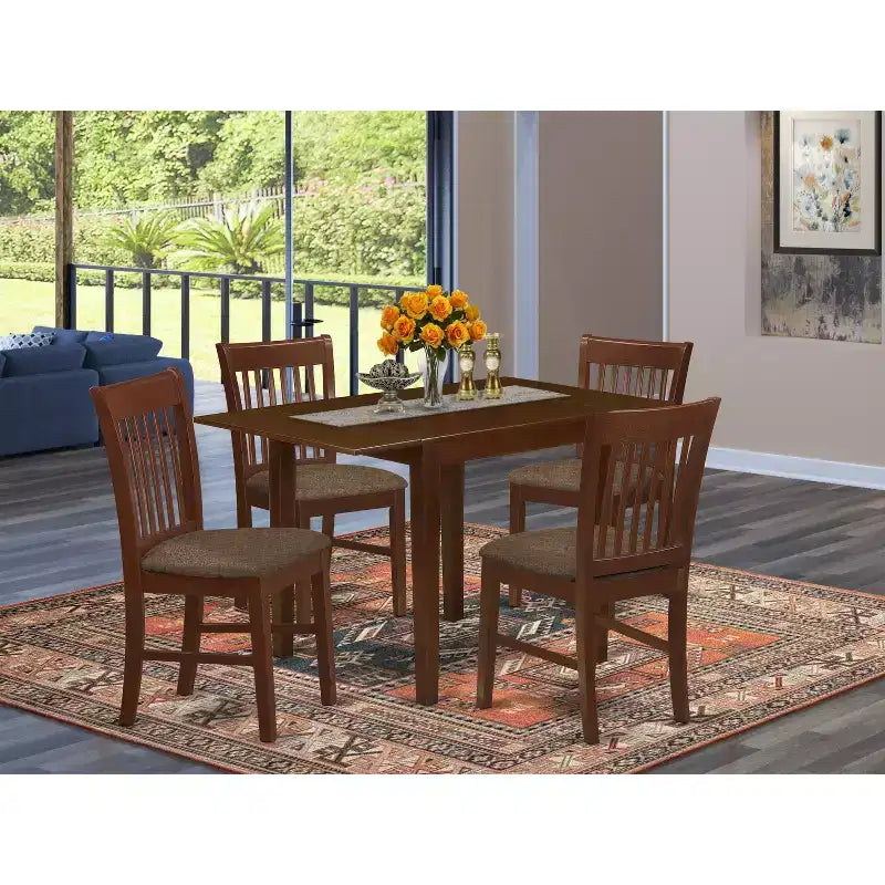 HomeStock Belmont 5Pc Wood Dining Table Set Contains a Drop Leaf Table and 4 Modern Dining Chairs with Linen Fabic Seat, Mahogany Finish