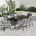 GustoWave 7-Piece Outdoor Dining Set, 59-inch Dining Table and 6 Rattan Chairs, Perfect for Gardens, Backyards, and Poolside Patios, Black and White