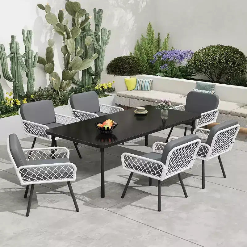 GustoWave 7-Piece Outdoor Dining Set, 59-inch Dining Table and 6 Rattan Chairs, Perfect for Gardens, Backyards, and Poolside Patios, Black and White