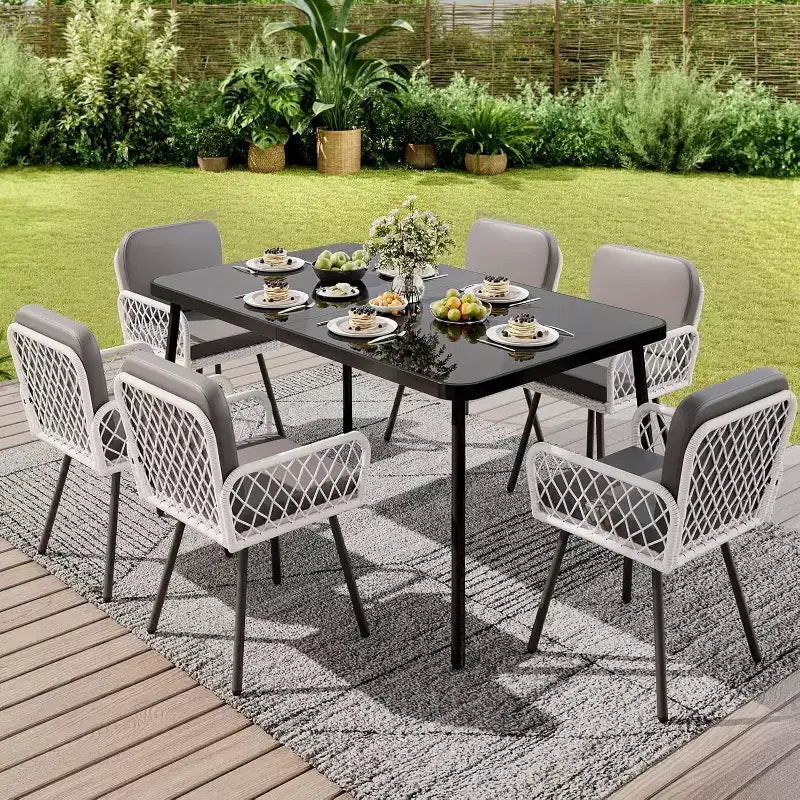 GustoWave Ensemble de salle à manger d'extérieur 7 pièces, table à manger de 150 cm et 6 chaises en rotin, parfait pour les jardins, les arrière-cours et les terrasses de piscine, noir et blanc