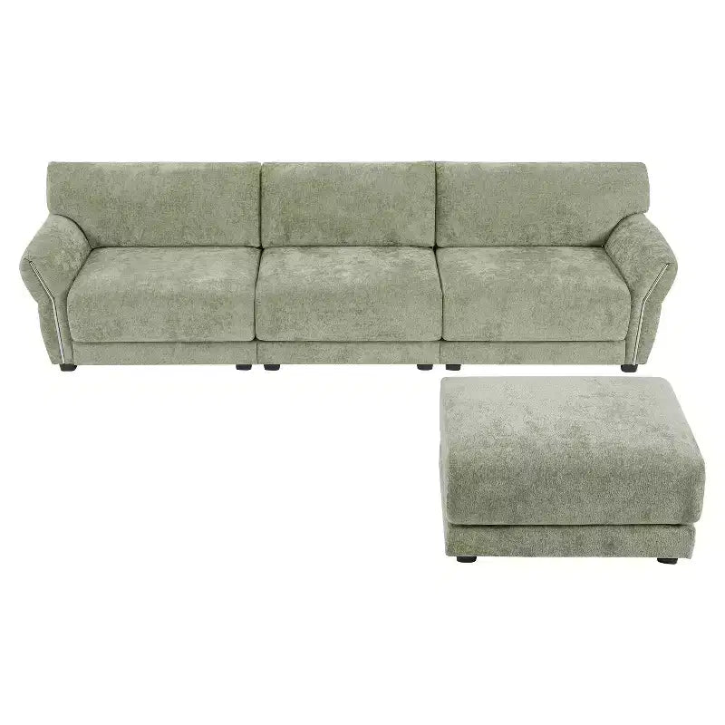 Ensemble de canapé d'angle en forme de L avec pouf, canapé 3 places en chenille avec assise extra-large et USB, 110