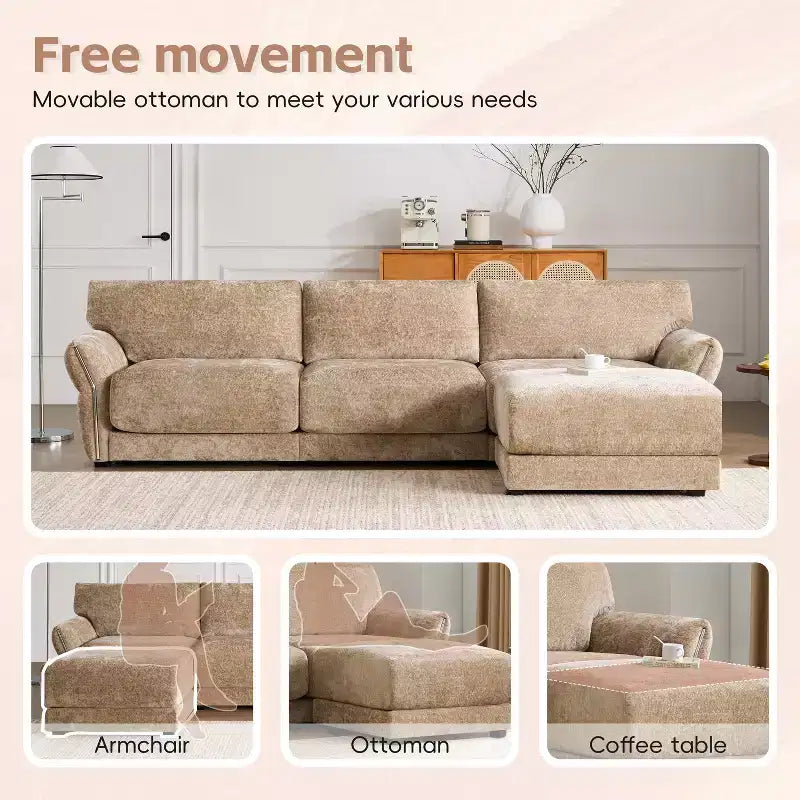 Ensemble de canapé d'angle en forme de L avec pouf, canapé 3 places en chenille avec assise extra-large et USB, 110