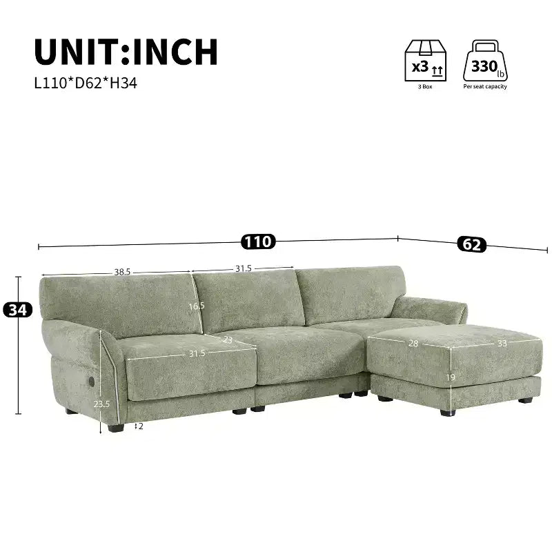 Ensemble de canapé d'angle en forme de L avec pouf, canapé 3 places en chenille avec assise extra-large et USB, 110