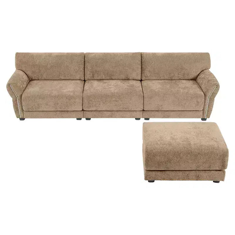 Ensemble de canapé d'angle en forme de L avec pouf, canapé 3 places en chenille avec assise extra-large et USB, 110