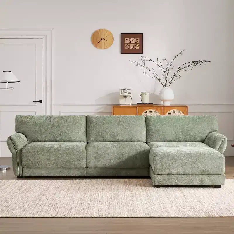 Ensemble de canapé d'angle en forme de L avec pouf, canapé 3 places en chenille avec assise extra-large et USB, 110
