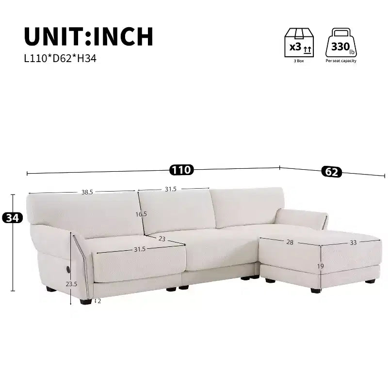 Ensemble de canapé d'angle en forme de L avec pouf, canapé 3 places en chenille avec assise extra-large et USB, 110