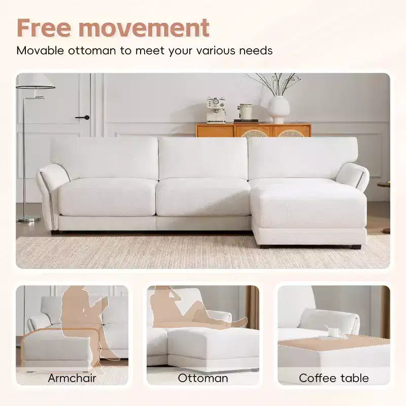Ensemble de canapé d'angle en forme de L avec pouf, canapé 3 places en chenille avec assise extra-large et USB, 110