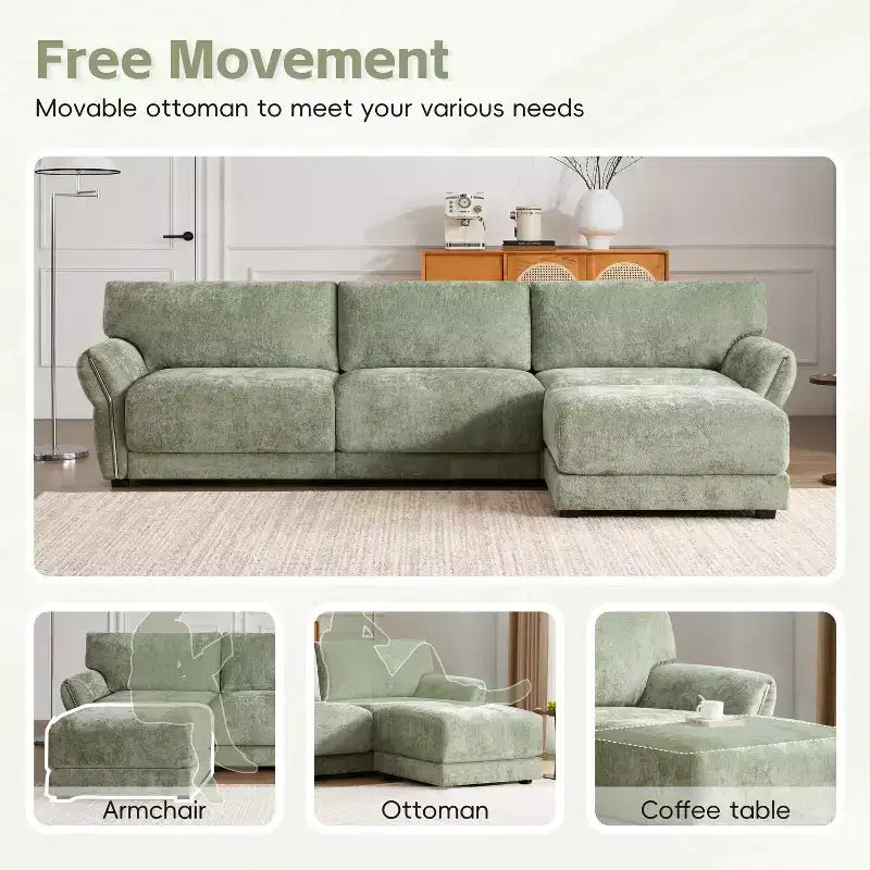 Ensemble de canapé d'angle en forme de L avec pouf, canapé 3 places en chenille avec assise extra-large et USB, 110