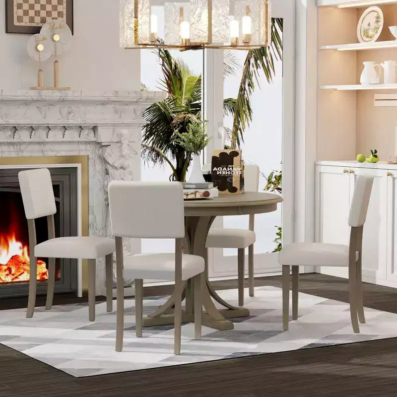 Ensemble de table à manger ronde pour 4 personnes, 5 pièces, style rétro, avec 4 chaises rembourrées