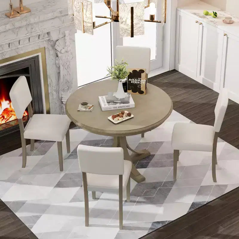 Ensemble de table à manger ronde pour 4 personnes, 5 pièces, style rétro, avec 4 chaises rembourrées