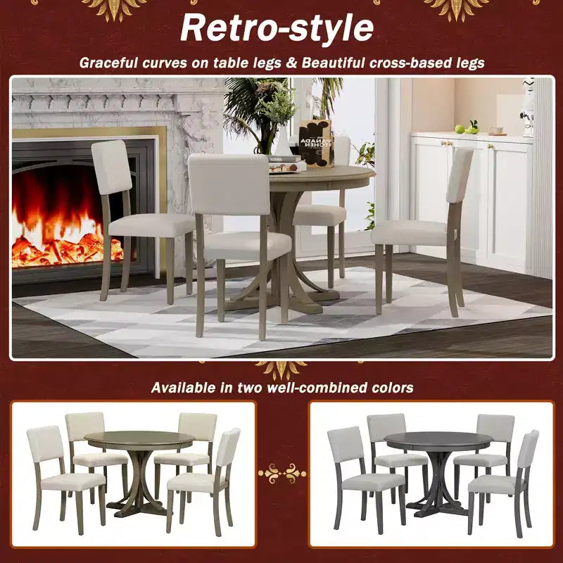 Ensemble de table à manger ronde pour 4 personnes, 5 pièces, style rétro, avec 4 chaises rembourrées