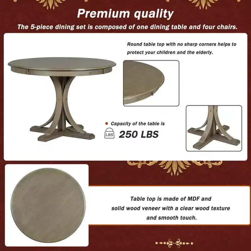 Ensemble de table à manger ronde pour 4 personnes, 5 pièces, style rétro, avec 4 chaises rembourrées