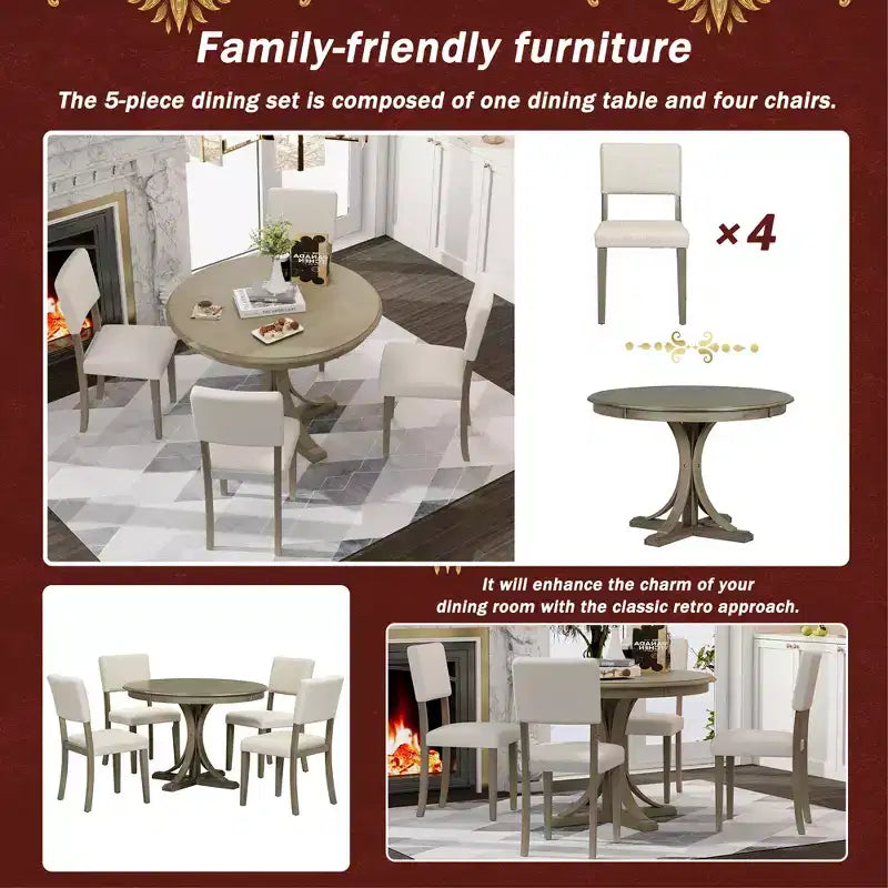 Ensemble de table à manger ronde pour 4 personnes, 5 pièces, style rétro, avec 4 chaises rembourrées